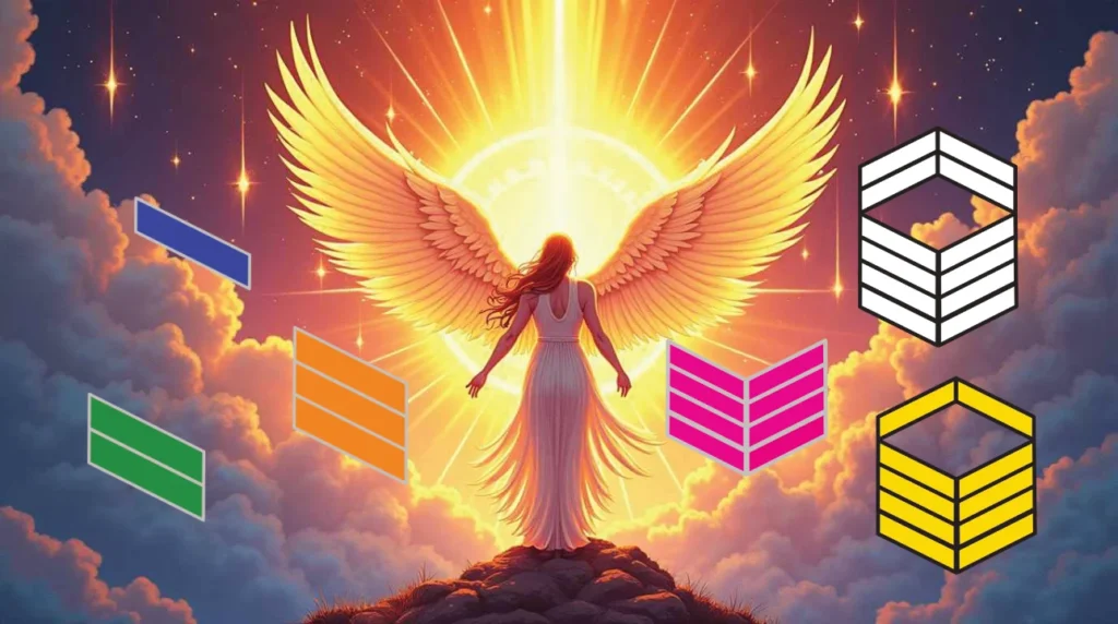 A majestic female angel with long flowing brown hair stands atop a rocky mountain with wings outstretched. In front of her is a beaming sphere of light, most likely source, flanked on both sides by billowing clouds. To her left are three SPLF rank insignia. Blue level, green level and orange level. To her right are three more, pink level, yellow level, and white level.