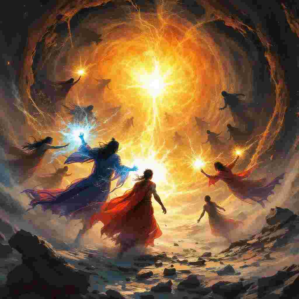 A large group of powerful mojoe masters work against dark mojoe at the mouth of a portal of bright light. They ring the entire portal, which looks to be a wall of clouds. Light energy pours from the lightworkers hands as they use their power against the dark force.