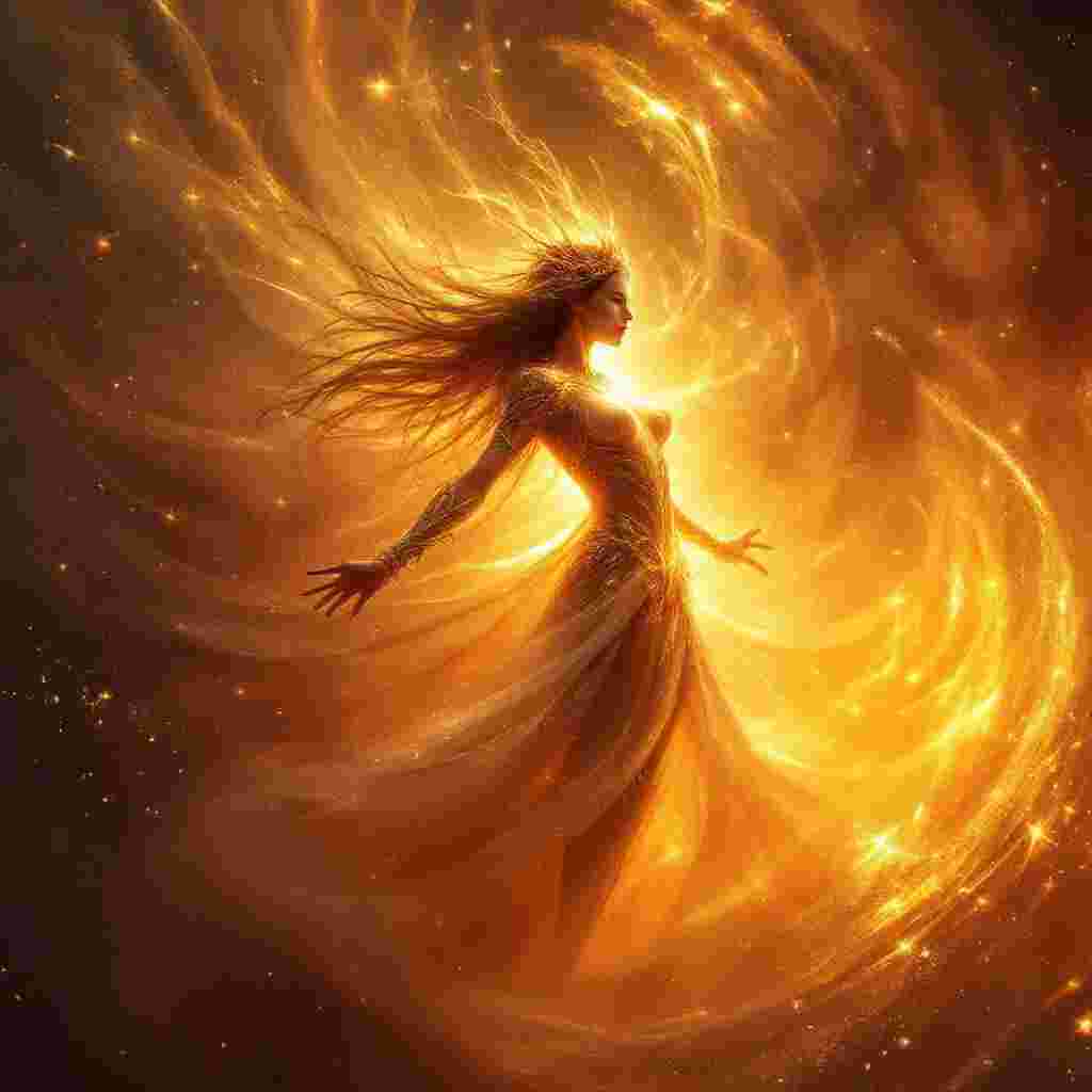 A beautiful warrior lightworker standing in a field of golden energy draws and harnesses mojoe from the ether surrounding her. The energy swirls around her and her hair dances in the charge of energy. She is facing to the right with her arms low at her sides and to her back. She looks as if she is about to hurl a ball of energy toward a deserving dark mojoe foe.