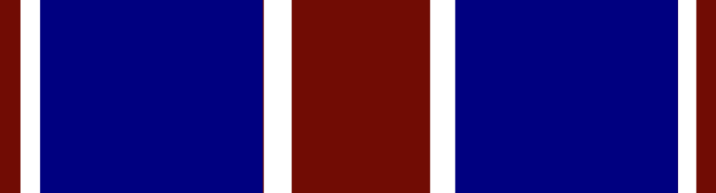 a rectangle wider than it is tall with a blood red background representing the sacrifice made by the courageous warrior. The red is overlain with two medium blue rectangles on either side of the red center. These represent the spiritual power used by the warrior to accomplish the mission. The blue is bordered on either side by a thin white stripe representing overall mastery of the warrior's experience and the divine intervention necessary to accomplish light missions.