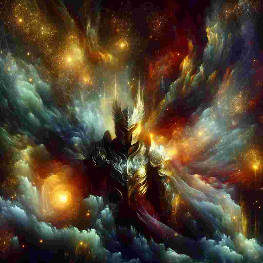 A powerful warrior lightworker stands in full armor and helmet looking directly at us. There are clouds, stars, and galaxies behind him. A light from the front shines and illuminates his ornate armor. His helmet is adorned with angel wings on the front, swept upward in a majestic display.