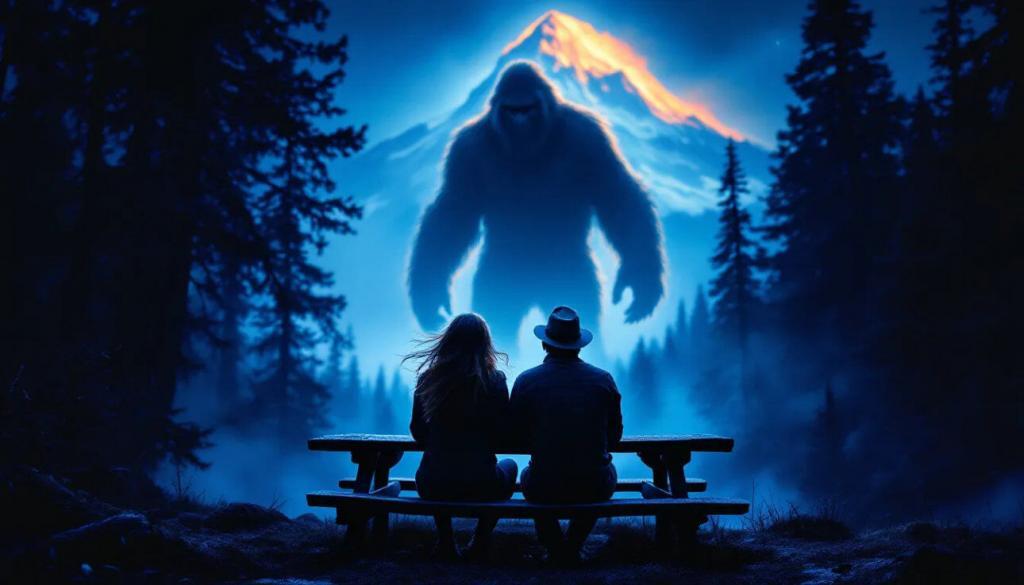 A blue-tinged photo shows a couple sitting at a picnic table with their backs to the camera. In front of them is a majestic mountain. Between the mountain and them stands an impressively large sasquatch. Trees are found on both sides framing the image.