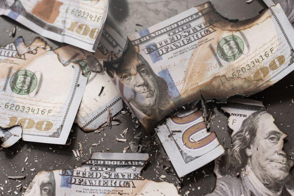 A scattering of burned 100 dollar American Notes. Benjamin Franklin's portrait is visible twice among the ashes.