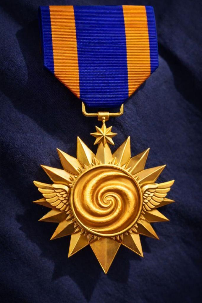 A military valor medal with a medium blue ribbon with two broad tangerine stripes down each side. The medal is gold in color with a multi-pointed starburst forming the base of the design. In the middle is a circle depicting a swirling spiral of energy. On either side, angel wings adorn the swirl.